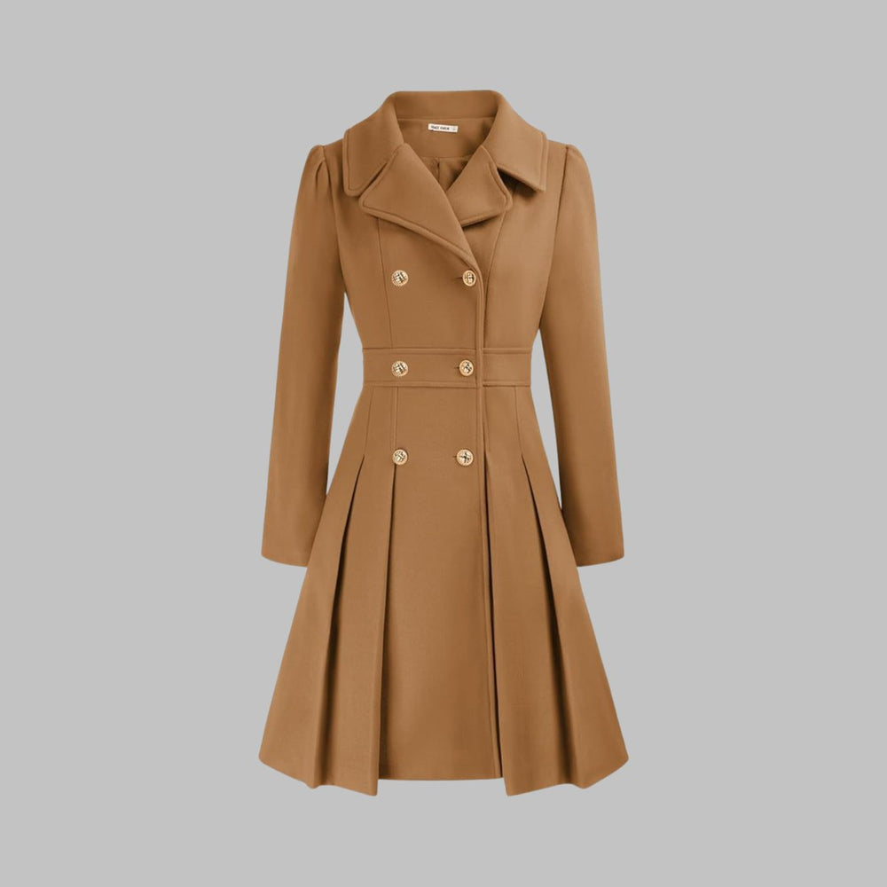Women's Double-Breasted Pleated Flared Long Sleeve Coat - Camel