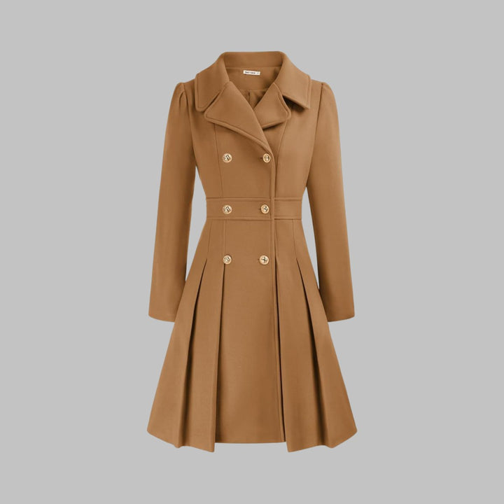 Women's Double-Breasted Pleated Flared Long Sleeve Coat - Camel