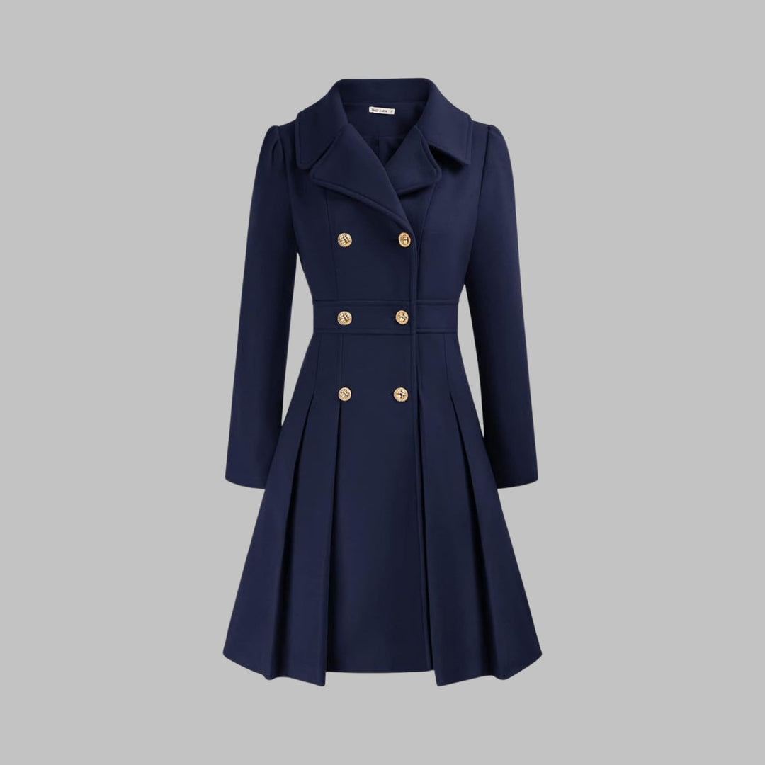 Women's Double-Breasted Pleated Flared Long Sleeve Coat - Dark Blue