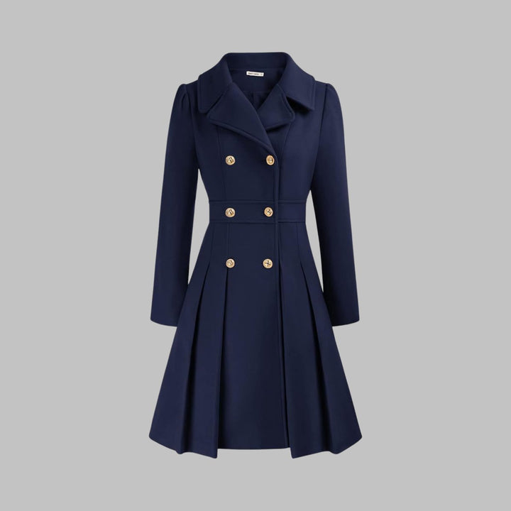 Women's Double-Breasted Pleated Flared Long Sleeve Coat - Dark Blue