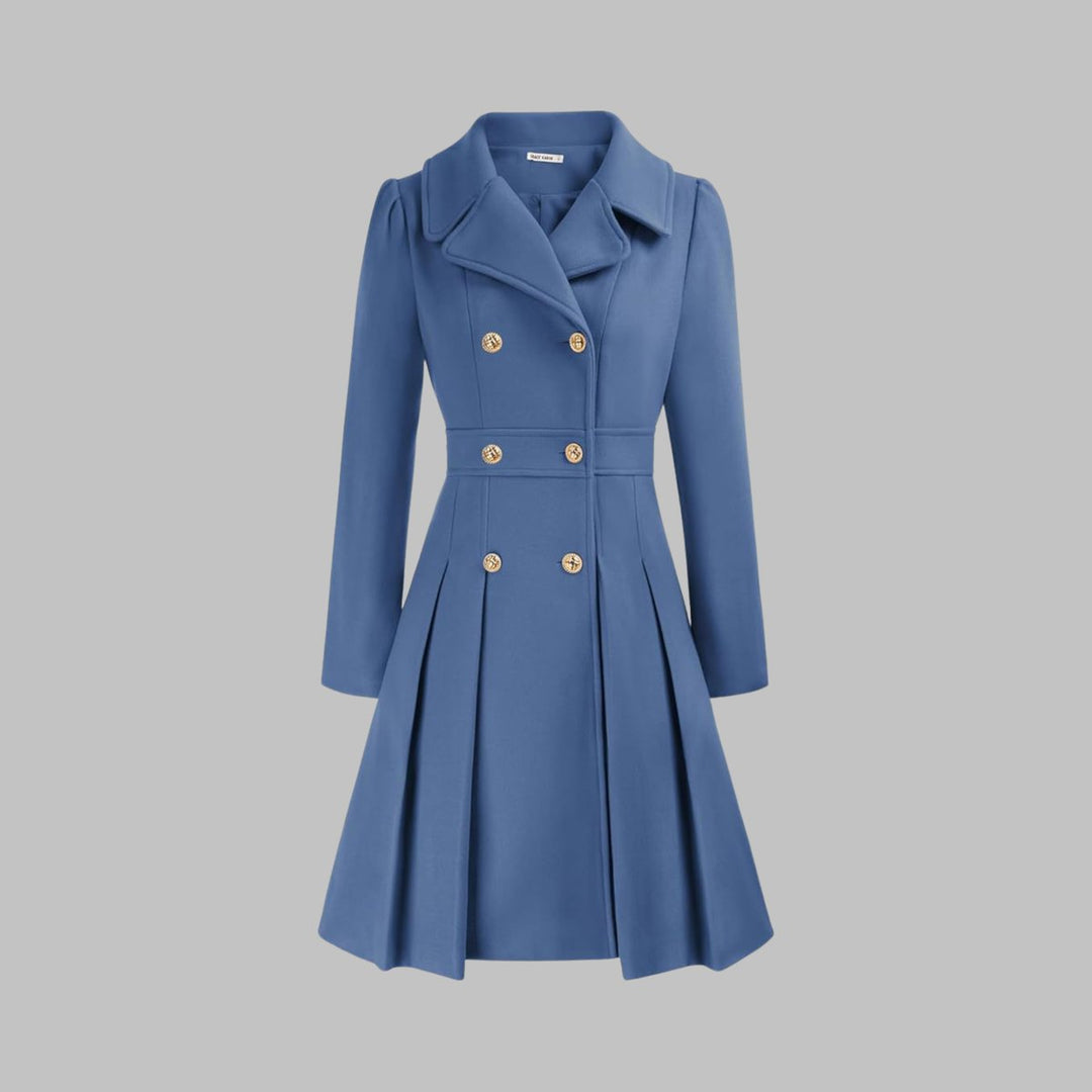 Women's Double-Breasted Pleated Flared Long Sleeve Coat - Gray Blue