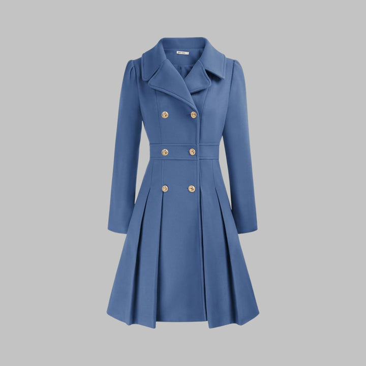 Women's Double-Breasted Pleated Flared Long Sleeve Coat - Gray Blue