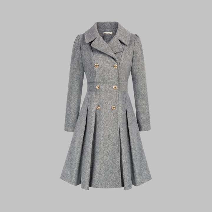 Women's Double-Breasted Pleated Flared Long Sleeve Coat - Light Gray