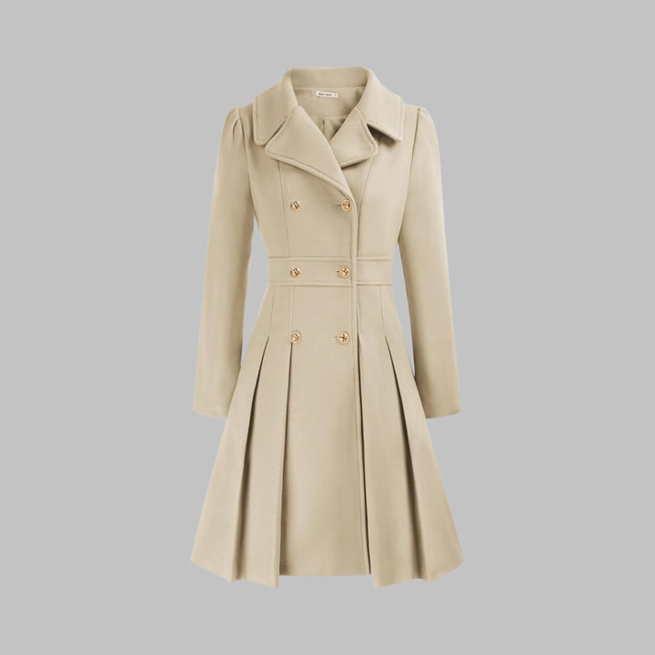 Women's Double-Breasted Pleated Flared Long Sleeve Coat - Beige