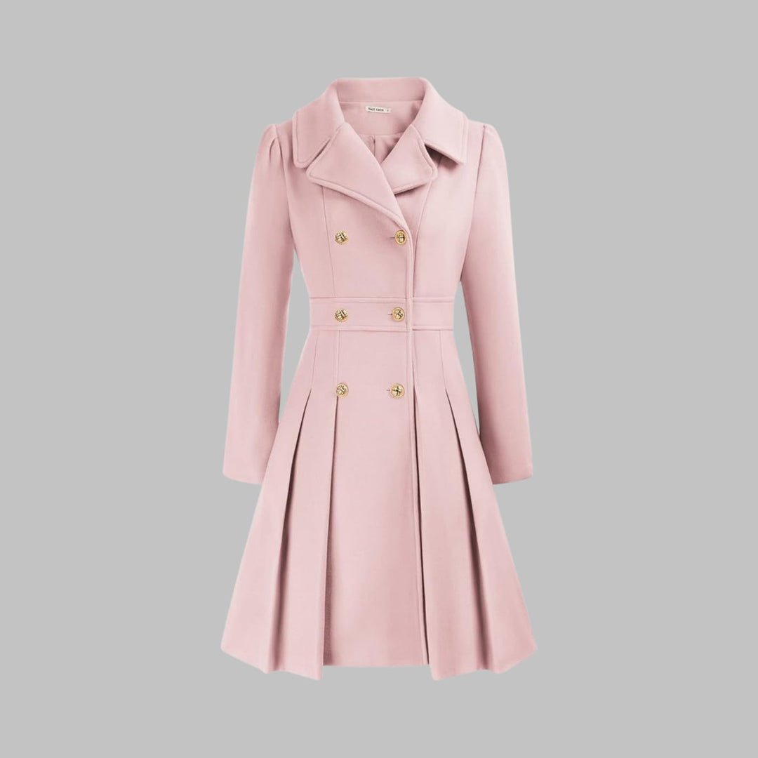 Women's Double-Breasted Pleated Flared Long Sleeve Coat - Light Pink