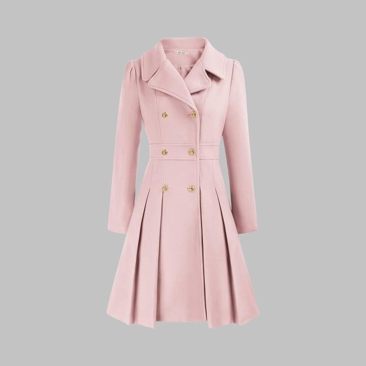Women's Double-Breasted Pleated Flared Long Sleeve Coat - Light Pink