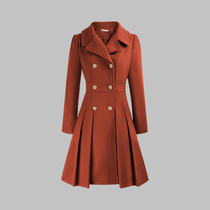 Women's Double-Breasted Pleated Flared Long Sleeve Coat