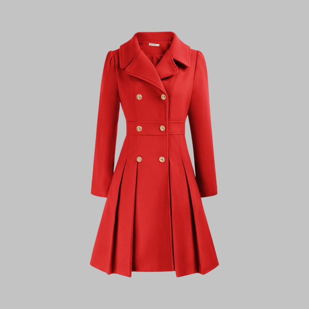 Women's Double-Breasted Pleated Flared Long Sleeve Coat - Orange