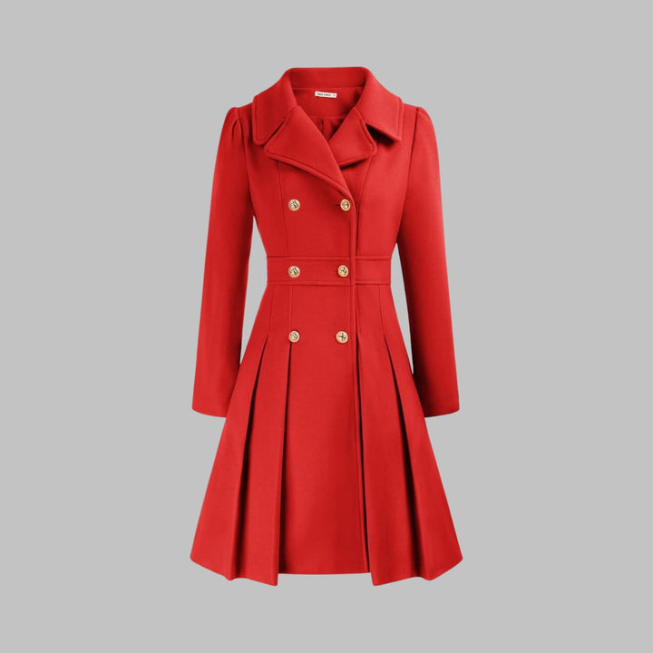 Women's Double-Breasted Pleated Flared Long Sleeve Coat - Orange