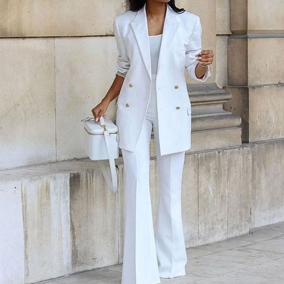 Women's Double-Breasted Tailored Blazer Flare Pants Suit Set - White