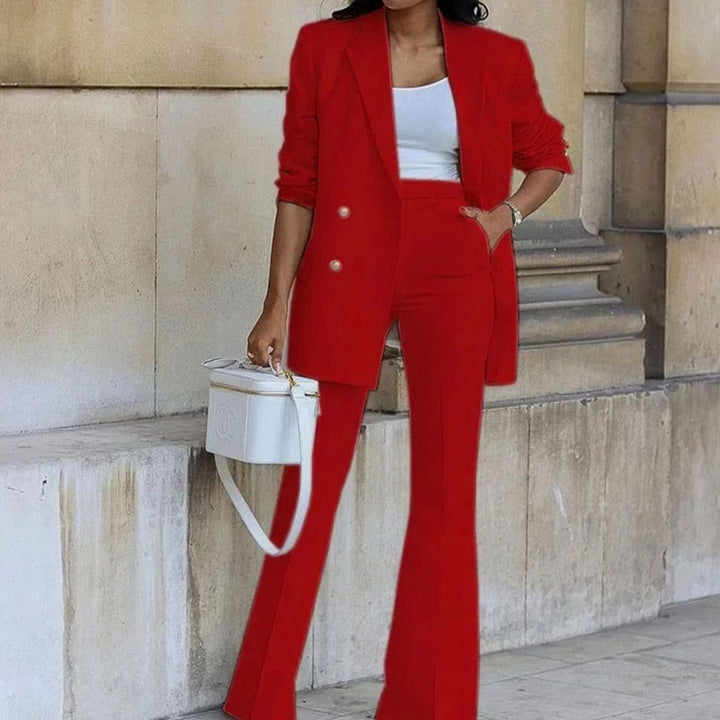Women's Double-Breasted Tailored Blazer Flare Pants Suit Set - Red