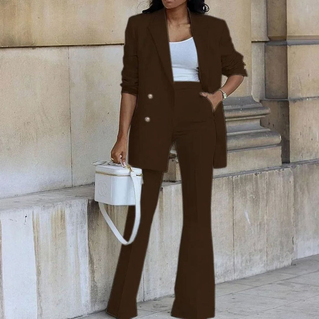 Women's Double-Breasted Tailored Blazer Flare Pants Suit Set - Coffee