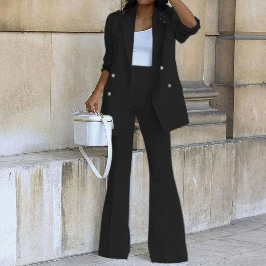 Women's Double-Breasted Tailored Blazer Flare Pants Suit Set - Black
