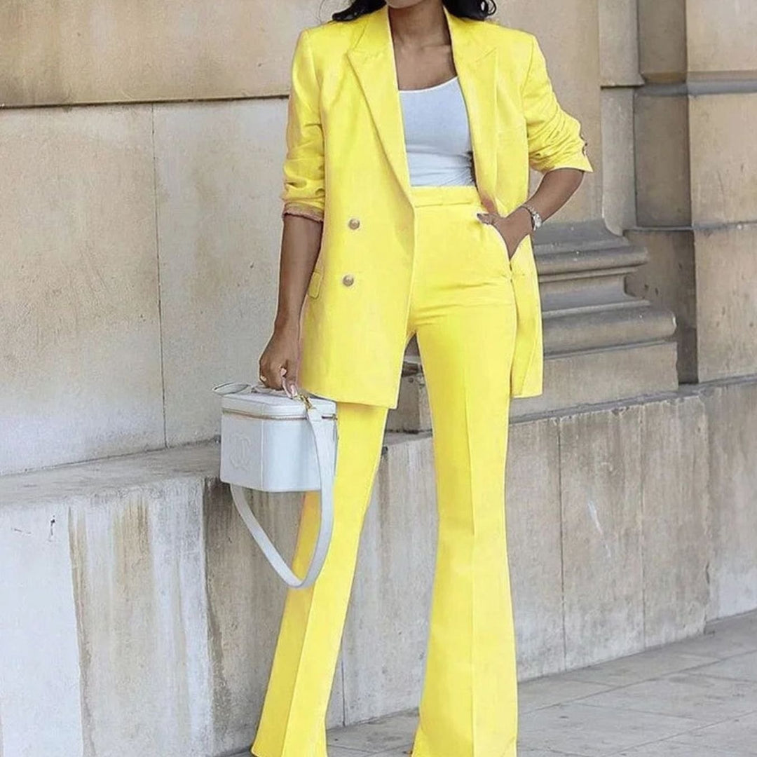Women's Double-Breasted Tailored Blazer Flare Pants Suit Set - Yellow