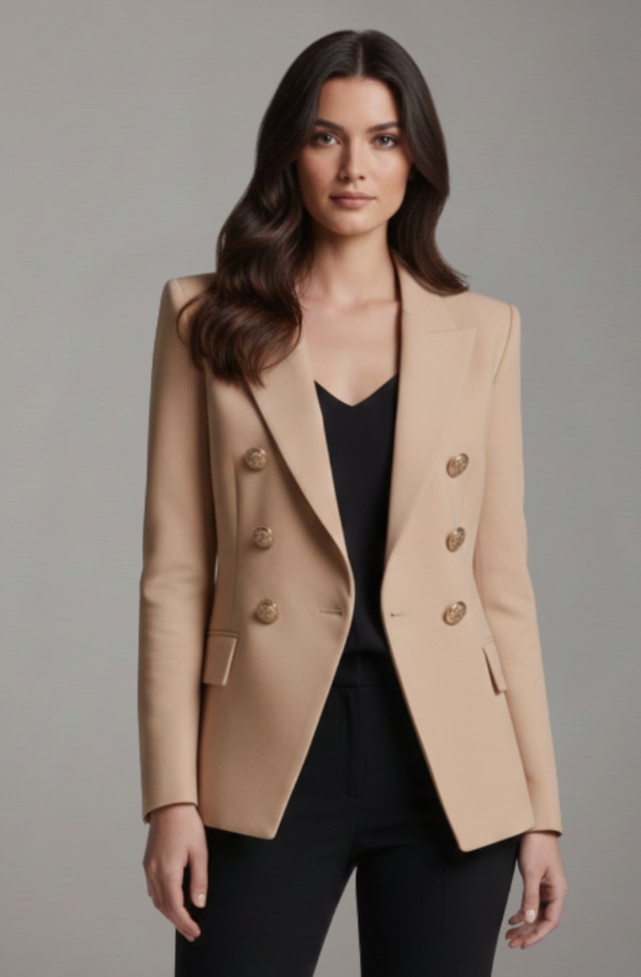 Women's Double-Breasted Tailored Blazer Gold-Tone Buttons - Khaki