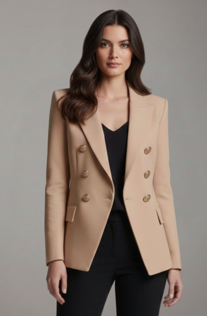 Women's Double-Breasted Tailored Blazer Gold-Tone Buttons - Khaki