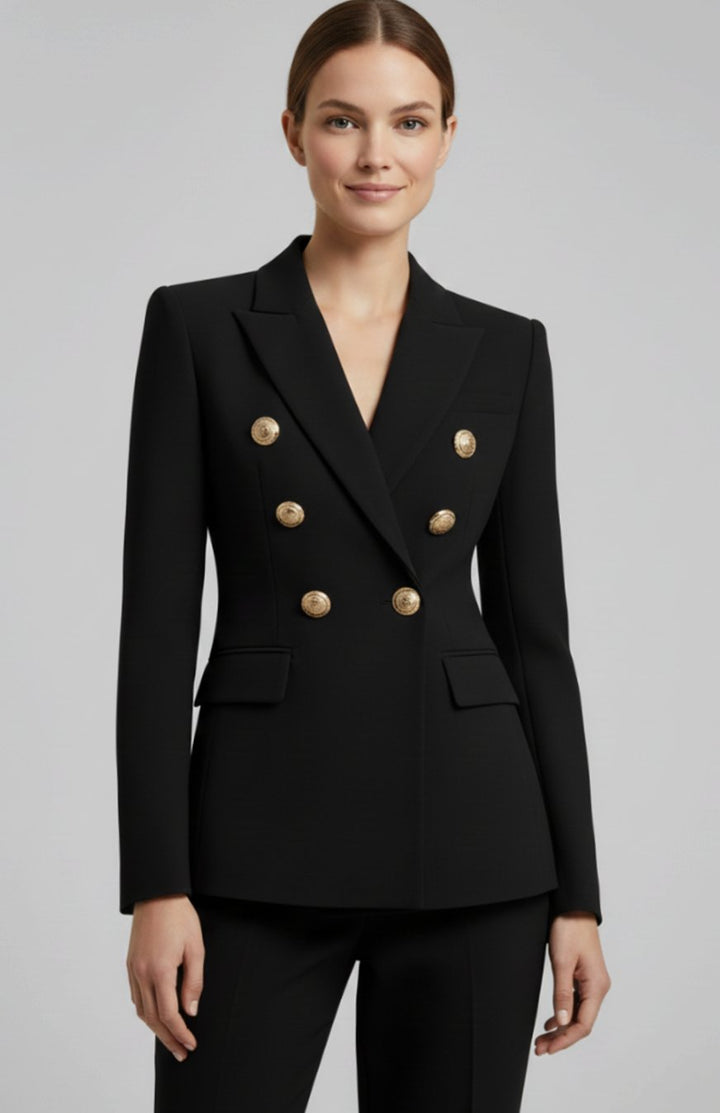 Women's Double-Breasted Tailored Blazer Gold-Tone Buttons