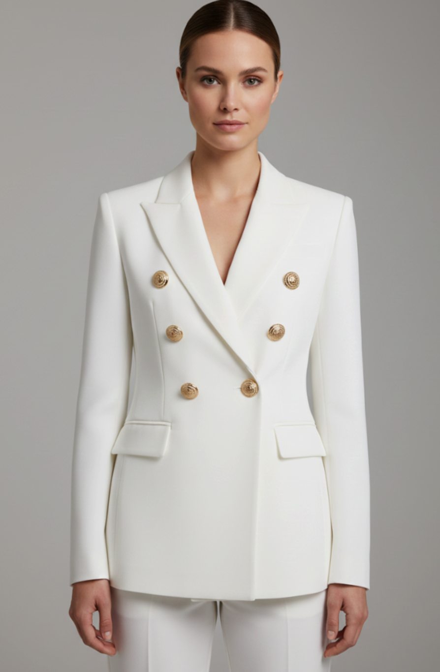 Women's Double-Breasted Tailored Blazer Gold-Tone Buttons - White