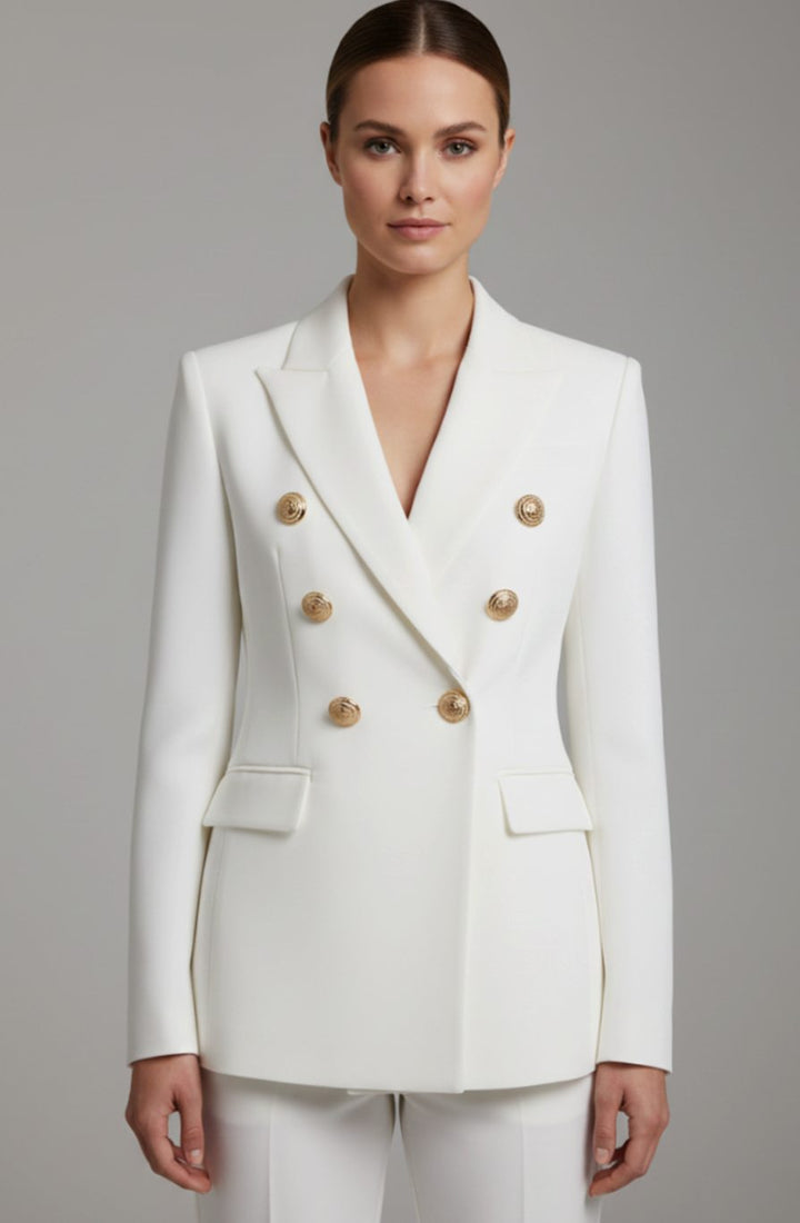 Women's Double-Breasted Tailored Blazer Gold-Tone Buttons - White