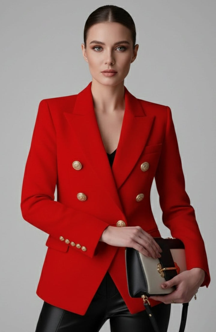 Women's Double-Breasted Tailored Blazer Gold-Tone Buttons - Red