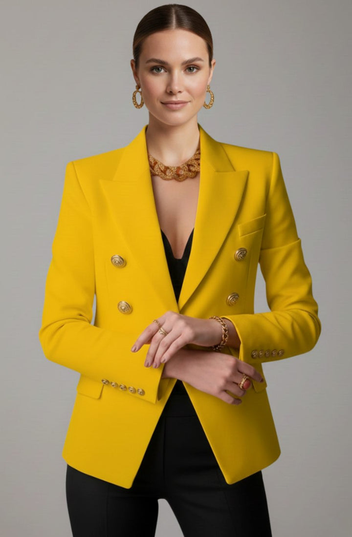 Women's Double-Breasted Tailored Blazer Gold-Tone Buttons - Yellow