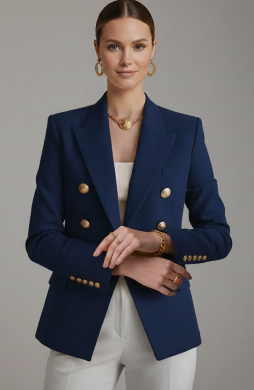 Women's Double-Breasted Tailored Blazer Gold-Tone Buttons - Black