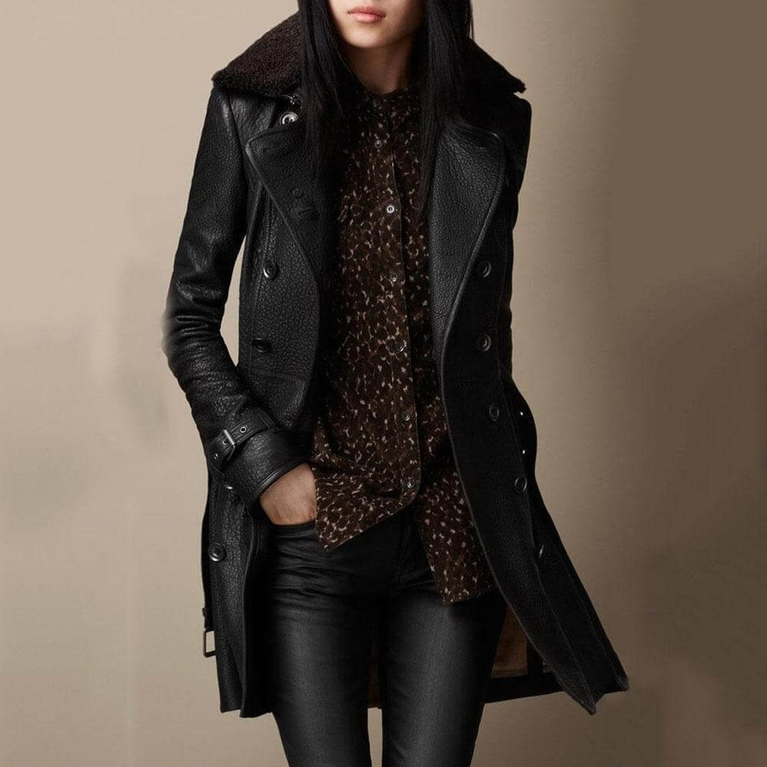 Women's Double-Breasted Three-Quarter Length Shearling Collar Leather Jacket