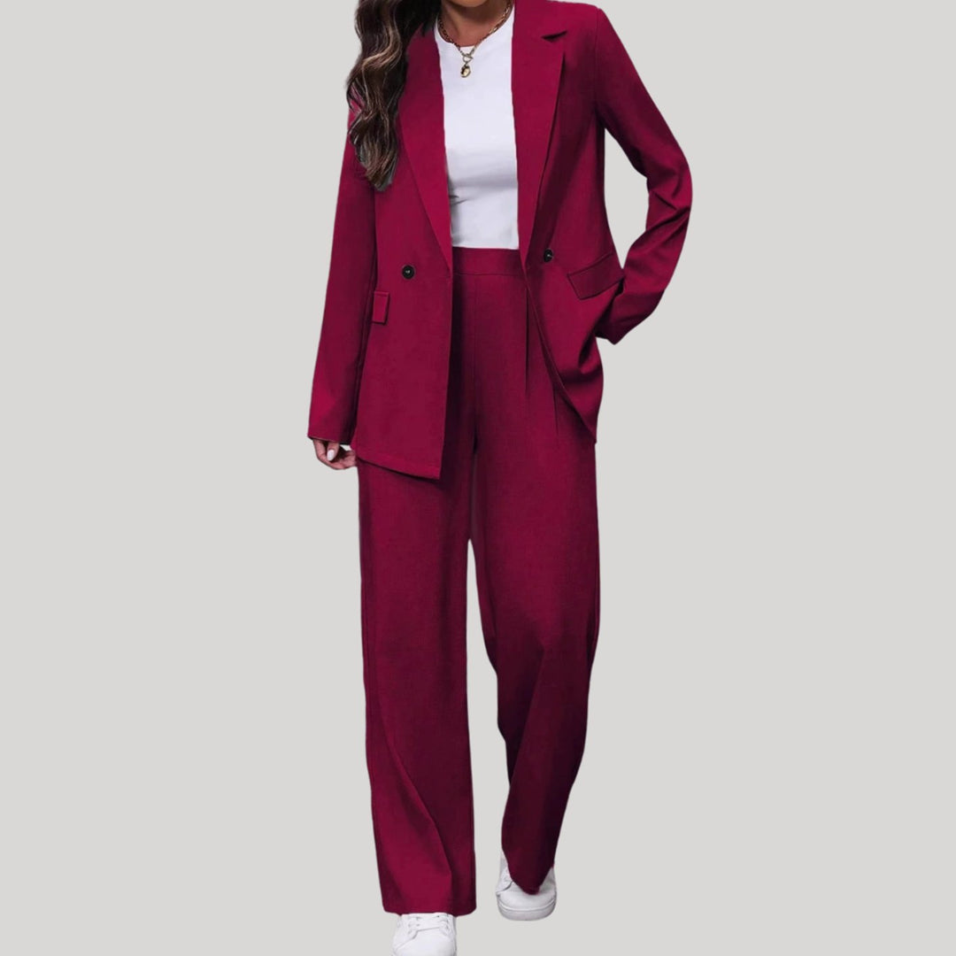 Women's Double-Breasted Wide-Leg Blazer Pants Suit Set - Burgundy