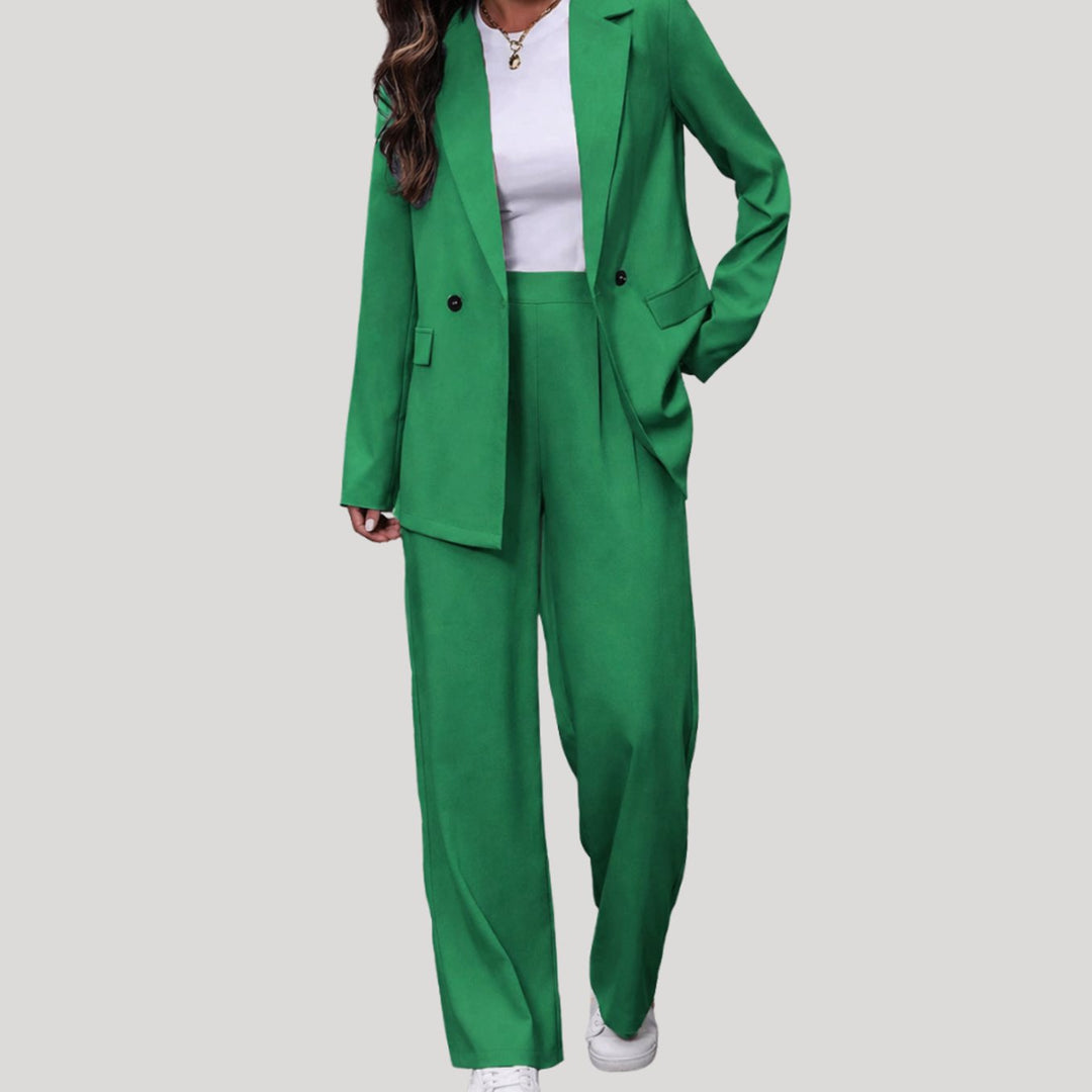 Women's Double-Breasted Wide-Leg Blazer Pants Suit Set - Green