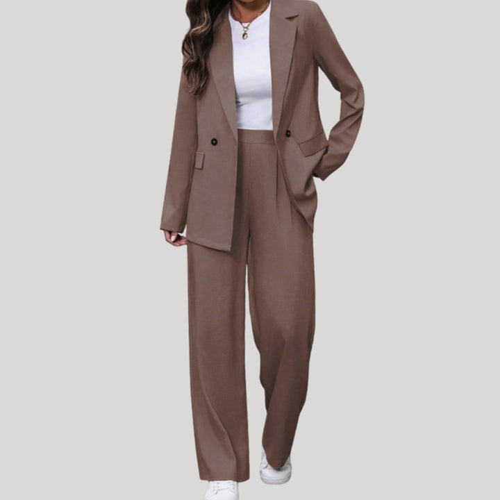 Women's Double-Breasted Wide-Leg Blazer Pants Suit Set - Brown