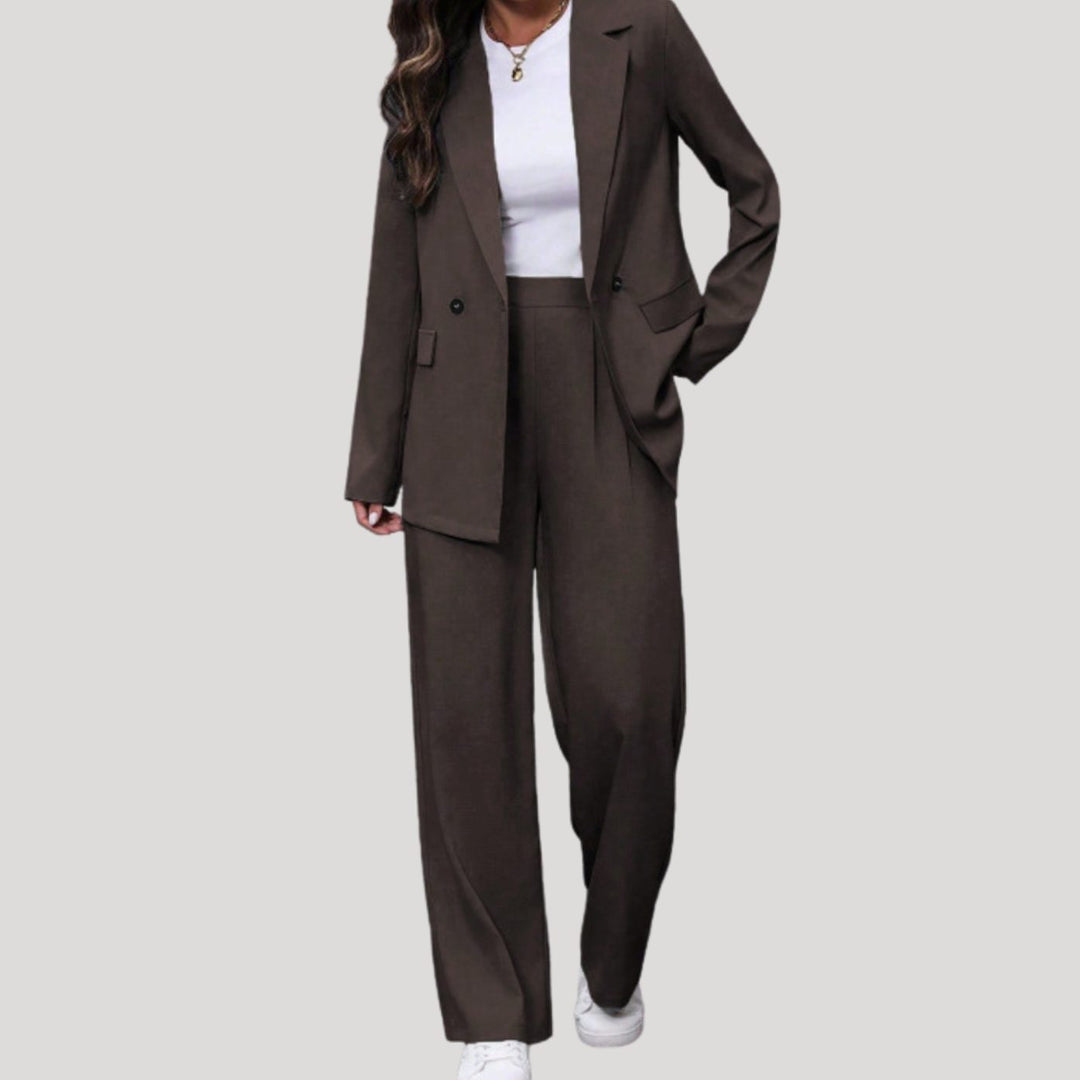 Women's Double-Breasted Wide-Leg Blazer Pants Suit Set - Dark Brown