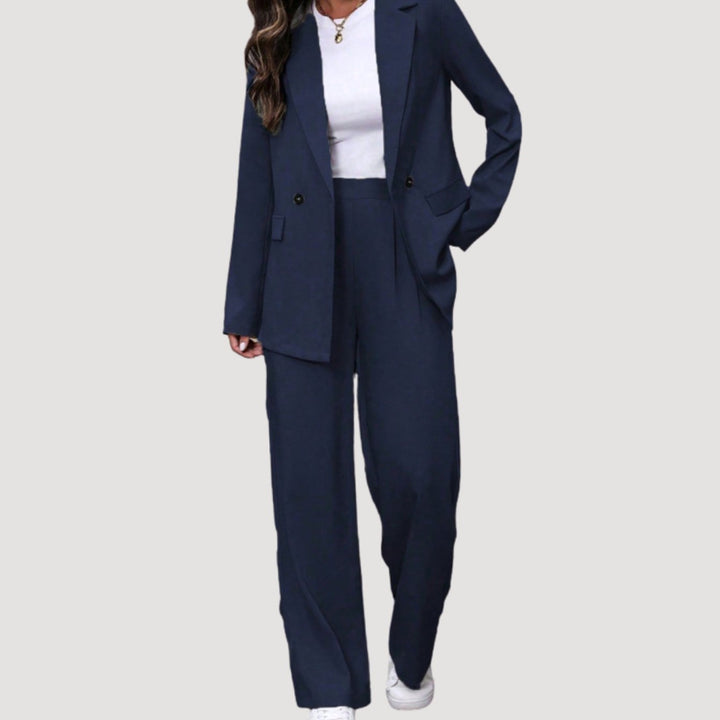 Women's Double-Breasted Wide-Leg Blazer Pants Suit Set - Navy Blue