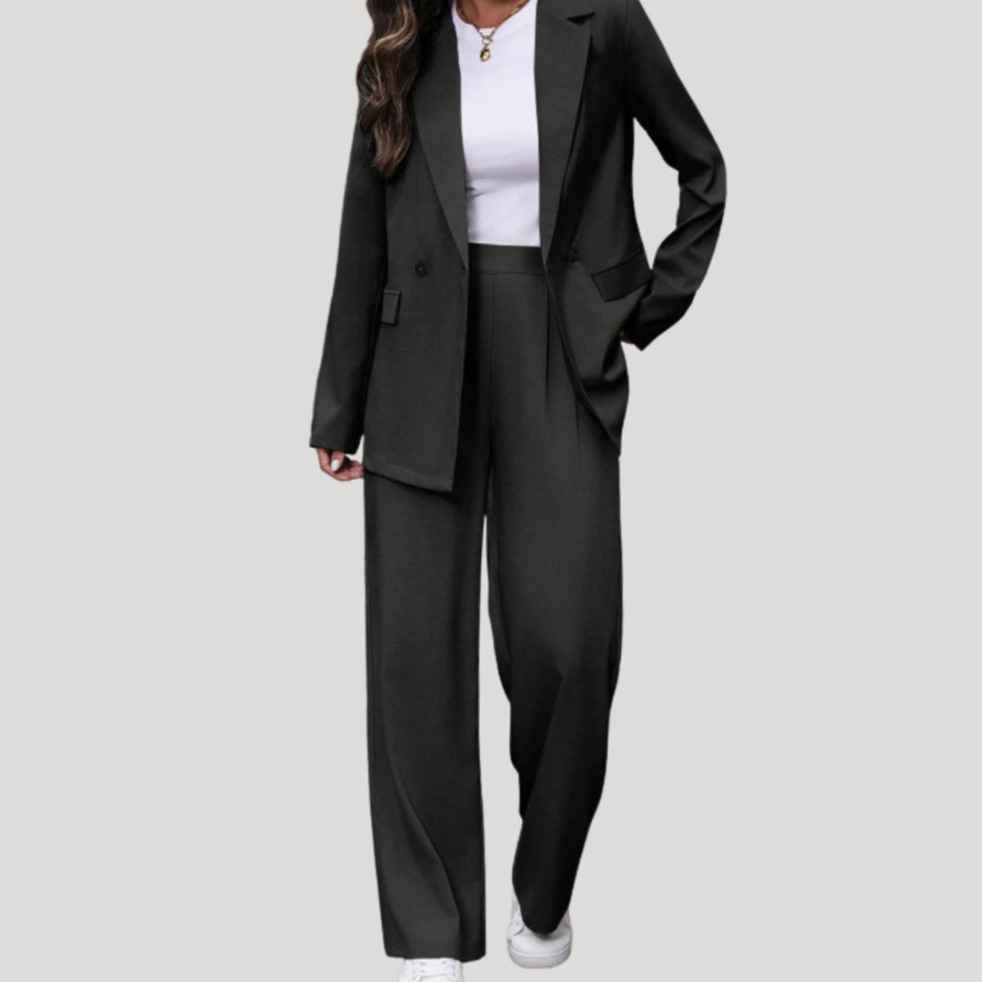 Women's Double-Breasted Wide-Leg Blazer Pants Suit Set - Black