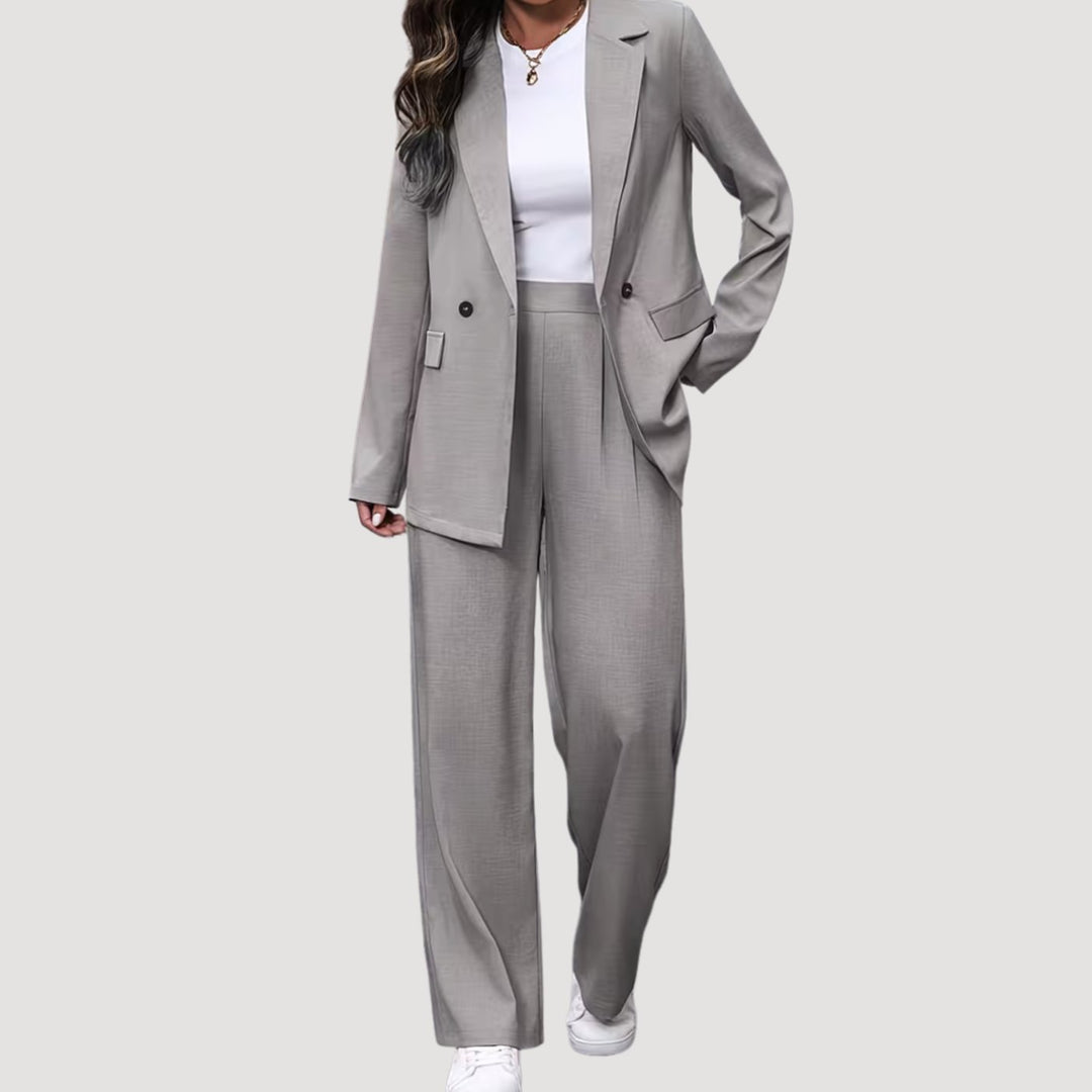 Women's Double-Breasted Wide-Leg Blazer Pants Suit Set - Light Gray