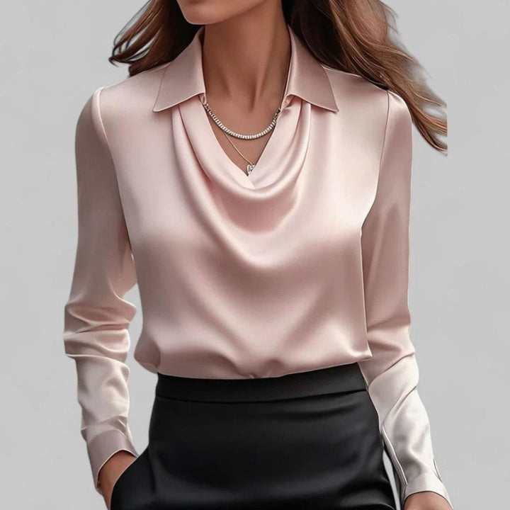Women's Draped Cowl-Neck Long Sleeve Satin Blouses - Pink