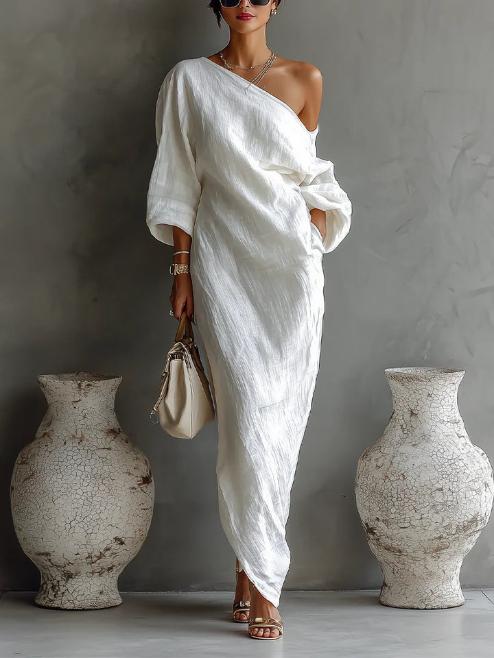 Women's Dress Elegant One-Shoulder Long Sleeve Maxi Gown - White