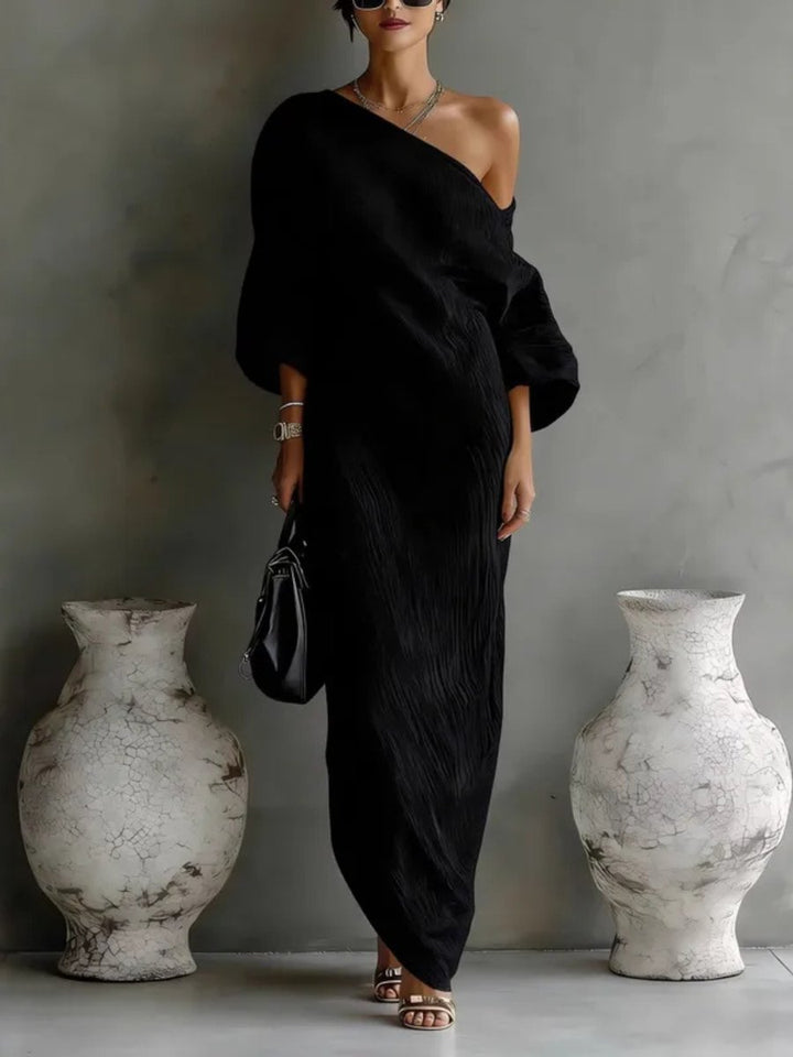Women's Dress Elegant One-Shoulder Long Sleeve Maxi Gown - Black