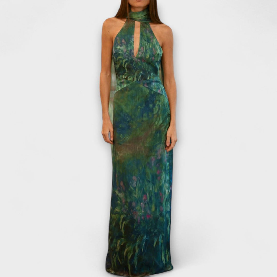 Womens Dress Monet Iris Print Halter Neck Chiffon Maxi Gown