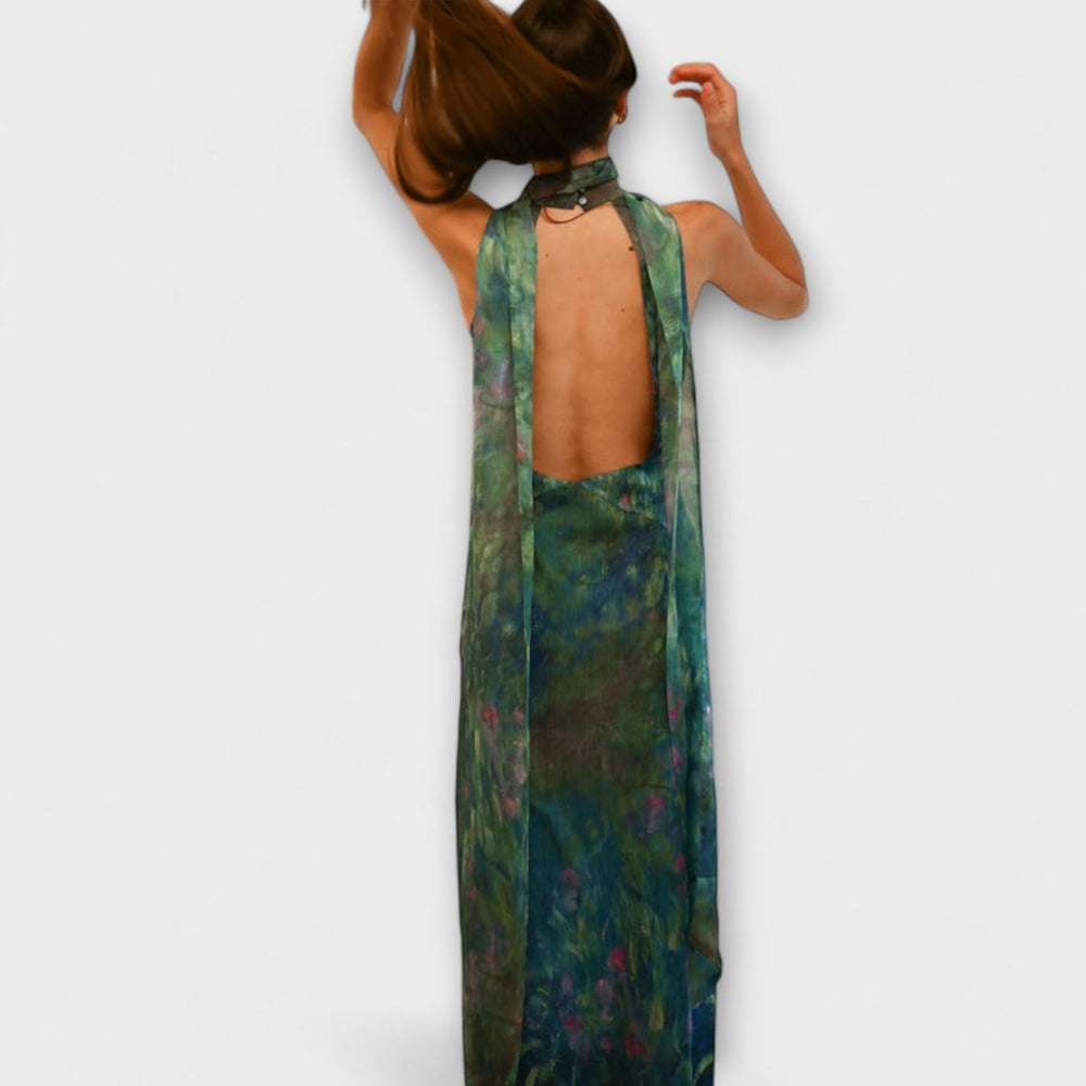 Womens Dress Monet Iris Print Halter Neck Chiffon Maxi Gown