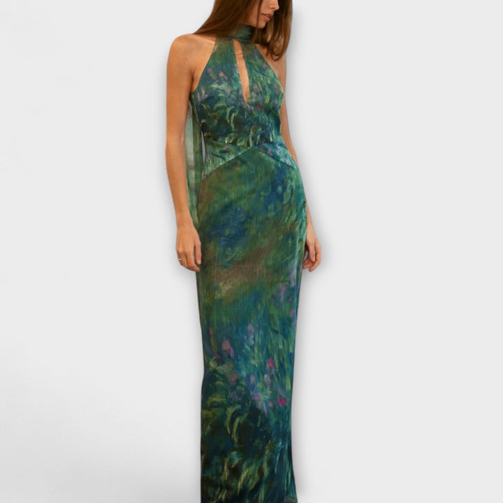 Womens Dress Monet Iris Print Halter Neck Chiffon Maxi Gown