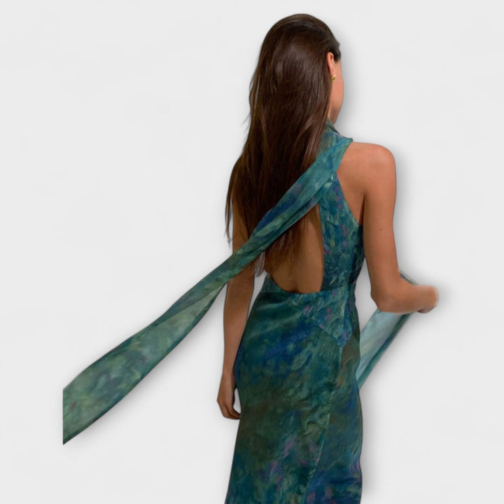 Womens Dress Monet Iris Print Halter Neck Chiffon Maxi Gown