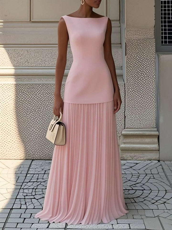 Women's Dress Sleeveless Boat-Neck Pleated Maxi Gown - Pink