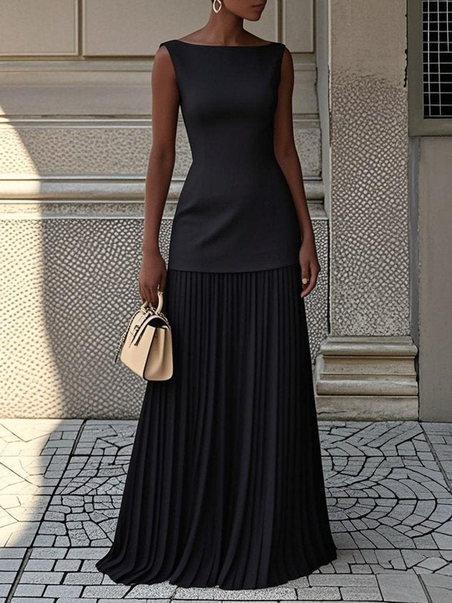Women's Dress Sleeveless Boat-Neck Pleated Maxi Gown - Black
