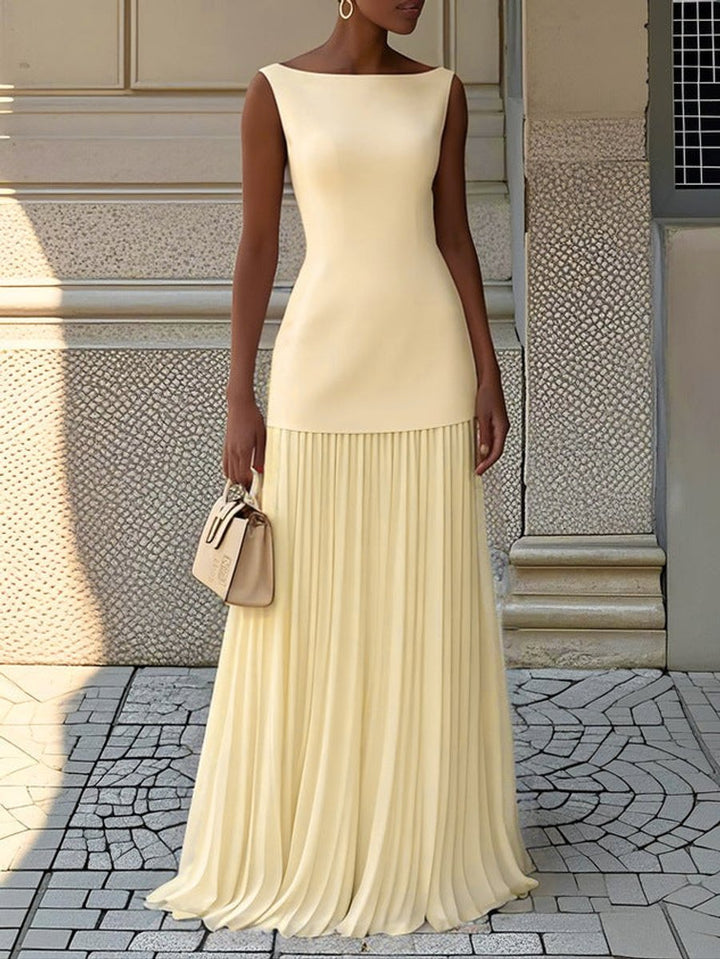 Women's Dress Sleeveless Boat-Neck Pleated Maxi Gown - Yellow