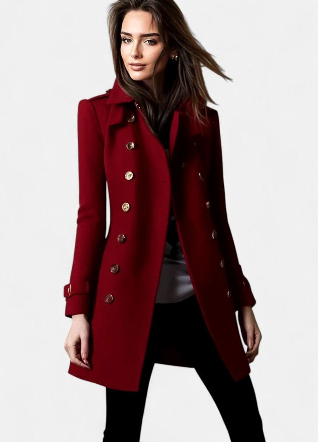 Women's Elegant Double-Breasted Wool-Blend Winter Coat - Red