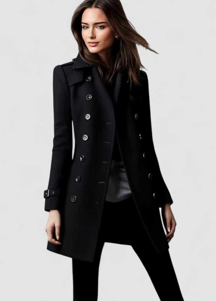 Women's Elegant Double-Breasted Wool-Blend Winter Coat - Black