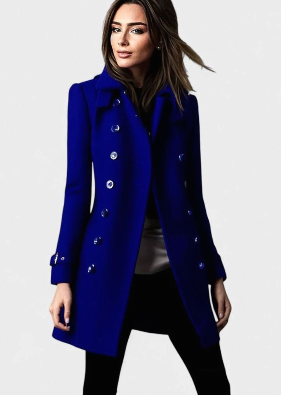 Women's Elegant Double-Breasted Wool-Blend Winter Coat - Blue
