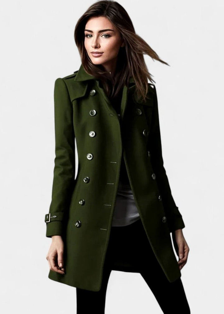 Women's Elegant Double-Breasted Wool-Blend Winter Coat - Green