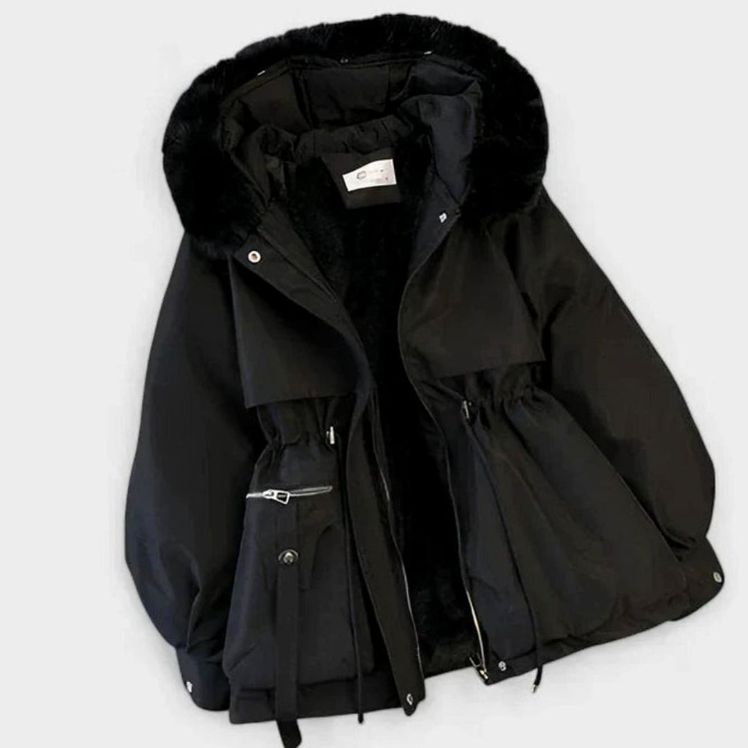 Women's Elegant Faux-Fur Hooded Drawstring Winter Jacket - Black