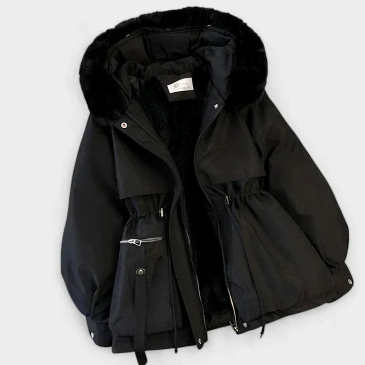 Women's Elegant Faux-Fur Hooded Drawstring Winter Jacket - Black